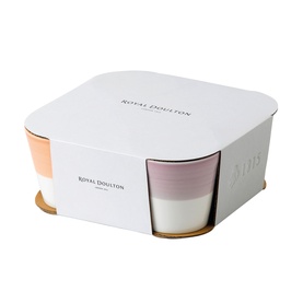 Royal Doulton multi-coloured ceramic mug set in white gift box with cork base tray, showing peach and lilac ombre mugs
