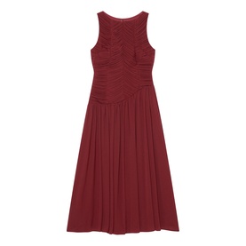 Mint Velvet red sleeveless midi dress with ruched bodice detail and pleated skirt
