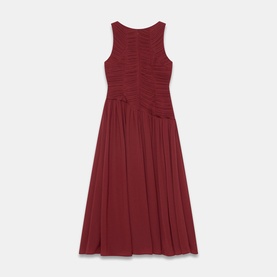 Burgundy sleeveless midi dress with ruched bodice detail and full A-line skirt, flat lay view