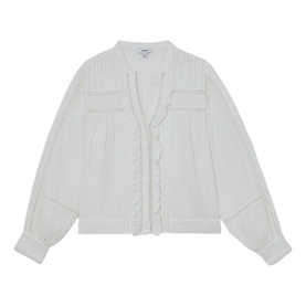 Reiss white blouse with V-neckline, ruffle trim, pintuck detail, and long balloon sleeves