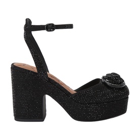 Kurt Geiger London black crystal-embellished platform sandal with block heel, ankle strap buckle fastening, and floral toe detail.