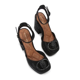 Kurt Geiger London black raffia block-heel sandals with round embellished toe detail and ankle strap, tan insole
