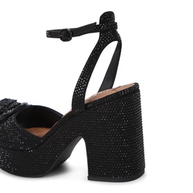 Kurt Geiger London black crystal-embellished block heel sandal with ankle strap and platform sole, rear angle view
