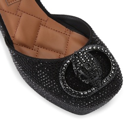 Kurt Geiger London black crystal-embellished square-toe flat with oversized rhinestone buckle detail, quilted tan insole visible