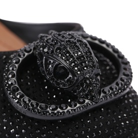 Kurt Geiger London black crystal-embellished shoe with oversized diamant&eacute; snake head buckle detail, close-up view