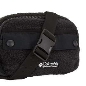 Columbia black sherpa fleece bum bag with black buckle clip strap and front zip pocket, Columbia logo embroidered in white
