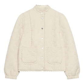 Mint Velvet white quilted jacket with frill collar, popper fastening, and patch pockets