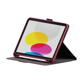Cygnett red tablet case with stand function, pencil holder, and full-screen display, shown propped open at angle