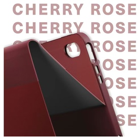 Cygnett red phone case shown front and back, slim profile with camera cutout, against Cherry Rose text background