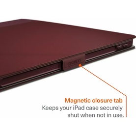 Cygnett red iPad case with magnetic closure tab detail, keeps case securely shut when not in use