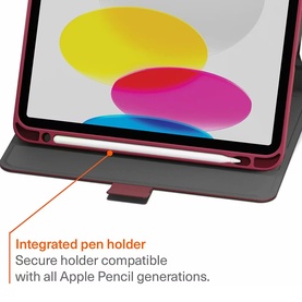 Cygnett red iPad folio case with integrated Apple Pencil holder slot, shown open displaying tablet screen and pen storage.