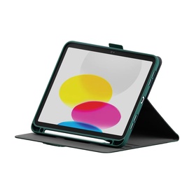 Cygnett green tablet folio case with stand, shown open displaying colourful screen and pencil holder slot
