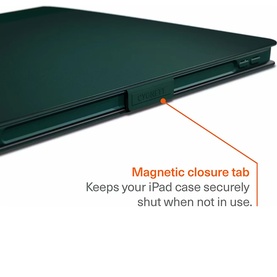 Cygnett green iPad case close-up showing magnetic closure tab detail for secure fastening when not in use.