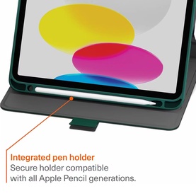 Cygnett green iPad folio case with integrated Apple Pencil holder, shown open displaying colourful screen content.