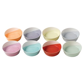 Royal Doulton set of 8 small round bowls in multicolour pastel shades including peach, grey, mint, lilac, and yellow