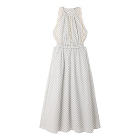 Sandro Womens French Dress in ecru and blue diagonal stripe, halterneck, elasticated waist, midi length, no model