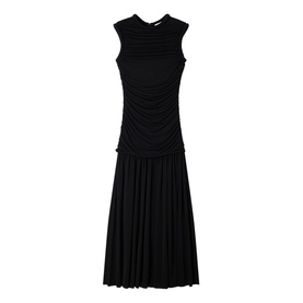 Sandro Womens French Dress in black, sleeveless midi with ruched bodice and pleated skirt, crew neck, no model