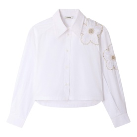 Sandro white cropped shirt with floral embroidery and gold bead embellishments on shoulder, long sleeves, button-front