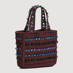 Sandro brown crochet tote bag with multicoloured crystal embellishments and short handles, gold-tone hardware detailing