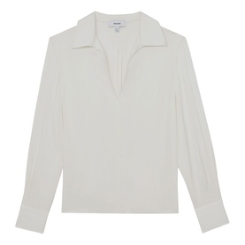 Reiss white long-sleeve top with open V-neck collar and buttoned cuffs, relaxed fit in lightweight fabric
