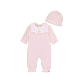 Emile Et Rose pink baby 2-piece set with embroidered collar all-in-one and matching beanie hat
