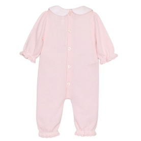 Emile Et Rose pink baby all-in-one with white Peter Pan collar, frill cuffs, and button front detail, rear view