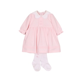 Emile Et Rose baby pink long-sleeve dress with white lace collar, button front, and matching white tights