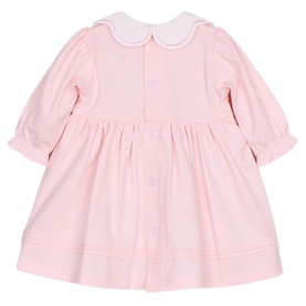 Emile Et Rose baby pink long-sleeve dress, back view, white Peter Pan collar and button fastening with pintuck hem detail