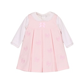 Emile Et Rose pink baby dress set with white long-sleeve top, floral embroidery and bunny motif on pinafore-style dress