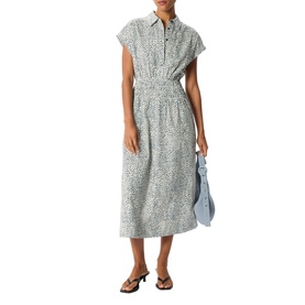 Model wearing Whistles blue abstract print midi shirt dress with cap sleeves and tie waist, styled with black heeled mules and a denim jacket