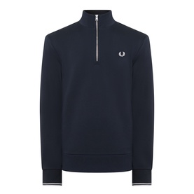 Fred Perry Laurel Wreath Logo Half-Zip Sweatshirt in navy with funnel neck, silver half-zip, ribbed cuffs and hem, logo embroidery