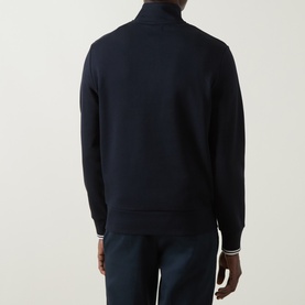 Model wearing Fred Perry Laurel Wreath Logo Half-Zip Sweatshirt in navy, rear view, with ribbed trims and funnel neck detail.
