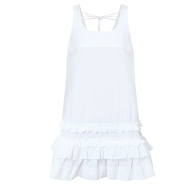 Ganni Bright White cotton mini dress with tiered ruffle hem and open-back tie detail, sleeveless