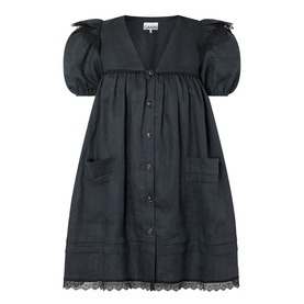 Ganni black linen mini dress with puff sleeves, V-neckline, button front, patch pockets, and lace hem trim