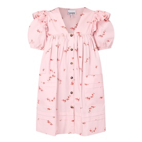 Ganni Angel Floral Print Mini Dress in Silver Pink with V-neckline, frill shoulders, short puff sleeves, button front and floral print.