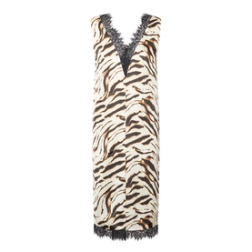 Ganni Zebra Print Lace-Trim Slip Dress in Egret, sleeveless midi length with V-neckline and black lace trim detailing throughout