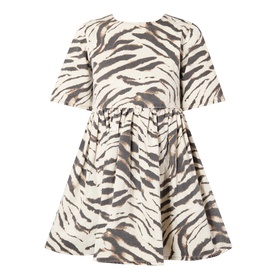 Ganni Dress in Egret, grey and cream zebra print, short flutter sleeves, gathered waist, full skirt, 100% cotton