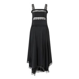 Ganni black silk blend midi dress with lace trim panels, adjustable straps, and asymmetric handkerchief hem