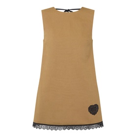 Ganni Logo Patch Lace-Trim Mini Shift Dress in Ermine, sleeveless with black lace hem trim and logo heart patch detail