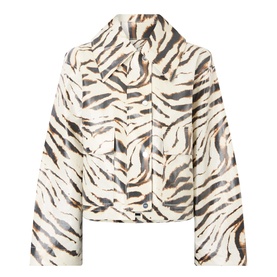 Ganni Zebra Print Laminated Denim Jacket in Egret, point collar, wide sleeves, flap pockets, cropped length, coated zebra print canvas