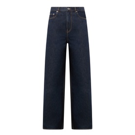 Ganni Lari Wide-Leg Jeans in Rinse, high-rise with wide leg, five-pocket styling, tobacco stitching and dark wash rigid denim