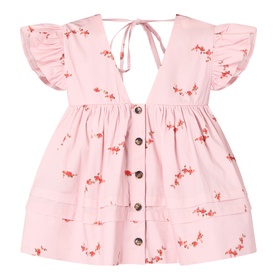 Ganni silver/pink floral cotton blouse with flutter sleeves, deep V-back tie neck, button front, and patch pockets