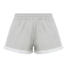 Ganni Paloma grey marl cotton shorts with elasticated waist and frayed hem trim, flat lay view