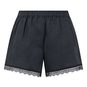 Ganni black linen shorts with elasticated waist and delicate lace trim hem detail