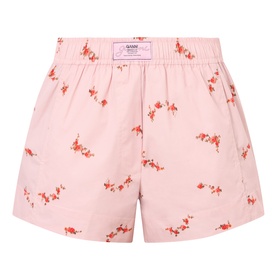 Ganni silver pink cotton shorts with all-over red floral print and elasticated waistband