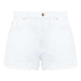 Ganni Bright White denim shorts with frayed hem, gold-tone hardware, and five-pocket styling in 100% cotton