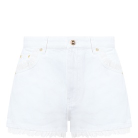 Lace-Trim Mini Denim Shorts