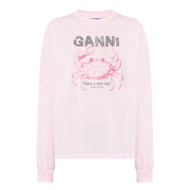 Ganni Chalk Pink cotton sweatshirt with crab graphic print and "Have a nice day!" slogan, crew neck, long sleeves