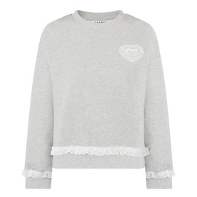 Ganni Isoli Logo Lace-Trim Sweatshirt in Paloma, round neck, chest logo patch, lace-trim hem detail, dropped shoulders