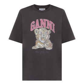 Ganni Tiger Heavyweight Logo T-Shirt in Phantom, crew neck, dropped shoulders, tiger cub graphic print with pink logo lettering on front